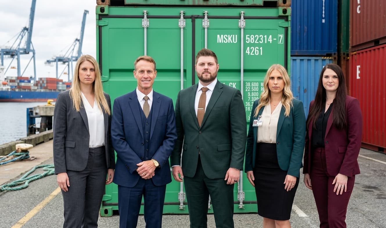 Five members of the Northbridge Shipping and Security Company team standing together in front of a green shipping container at a port terminal